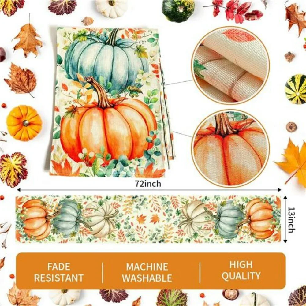 Pumpkin Eucalyptus Fall Table Runner 13x72 Thanksgiving Autumn Party Table Decor